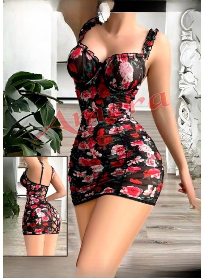 Short nightgown - Women's soft tulle babydoll with a floral print - Sexy lingerie with an open back and crisscross straps - Black floral - Image 5